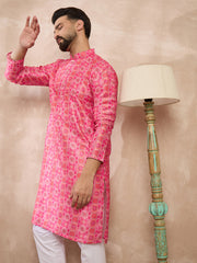 Ethnic Bay Men Pink Silk Blend Ethnic Motifs Printed Straight Kurta-MKU1990