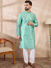 Ethnic Bay Men Teal Silk Blend Ethnic Motifs Printed Straight Kurta-MKU1992