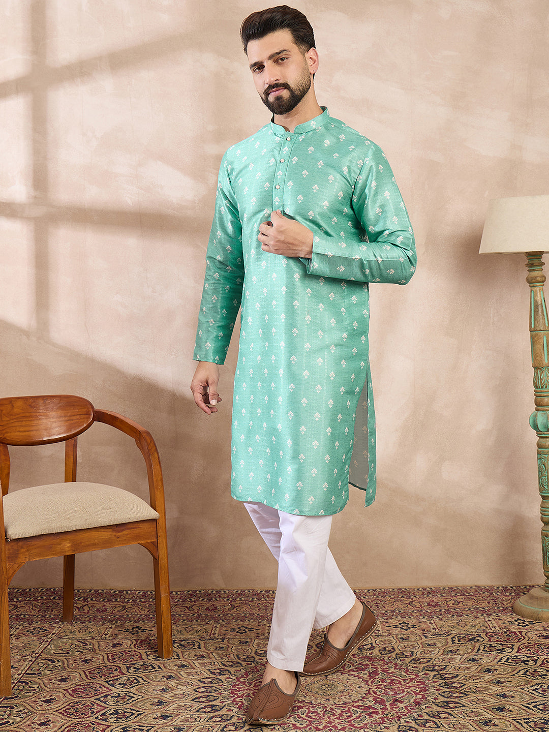 Ethnic Bay Men Teal Silk Blend Ethnic Motifs Printed Straight Kurta