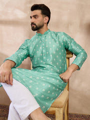 Ethnic Bay Men Teal Silk Blend Ethnic Motifs Printed Straight Kurta-MKU1992