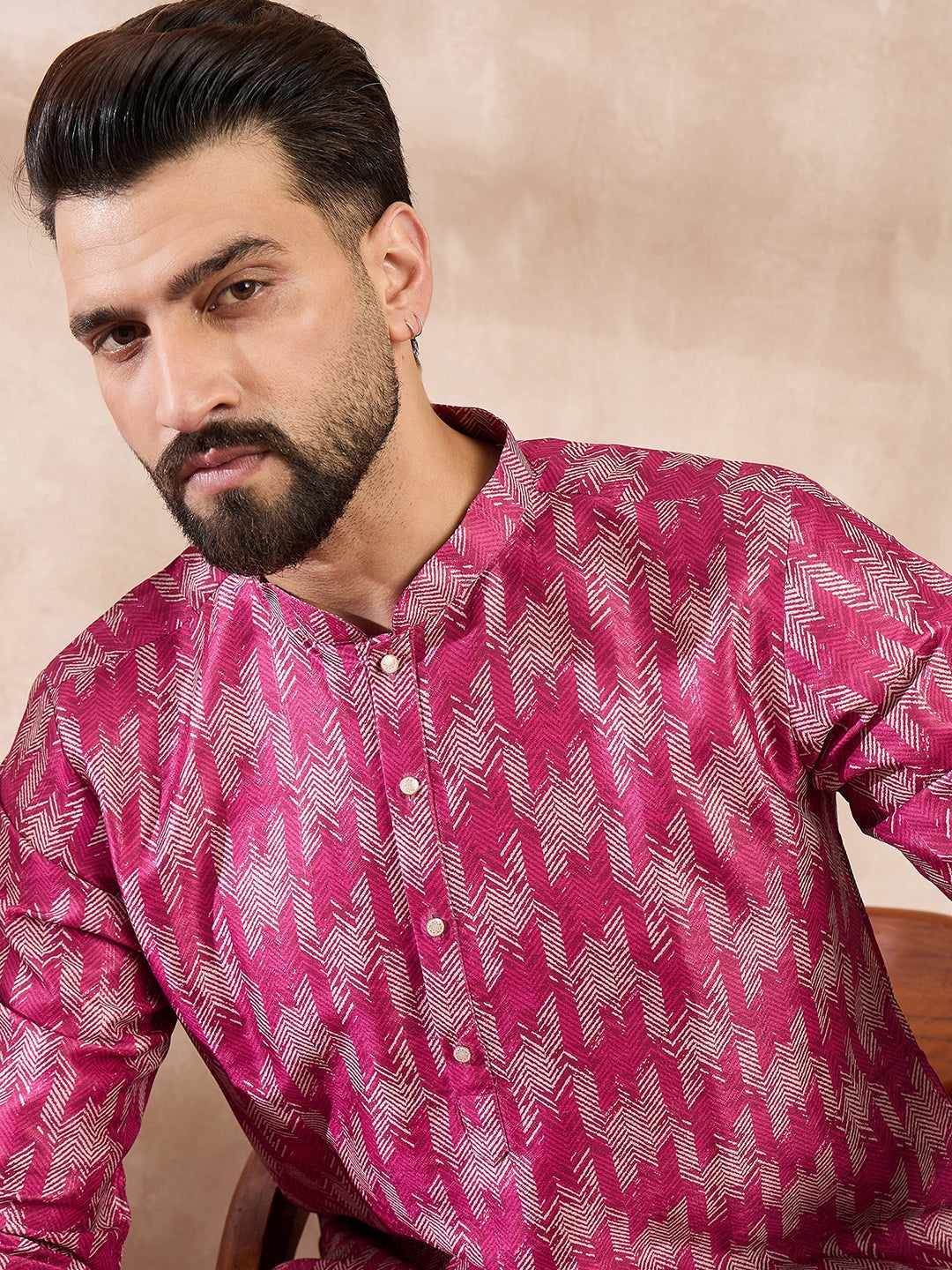 Ethnic Bay Men Pink Silk Blend Abstract Printed Straight Kurta