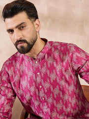 Ethnic Bay Men Pink Silk Blend Abstract Printed Straight Kurta-MKU1994