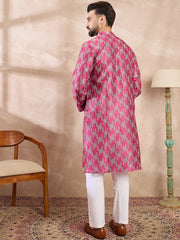 Ethnic Bay Men Pink Silk Blend Abstract Printed Straight Kurta-MKU1994
