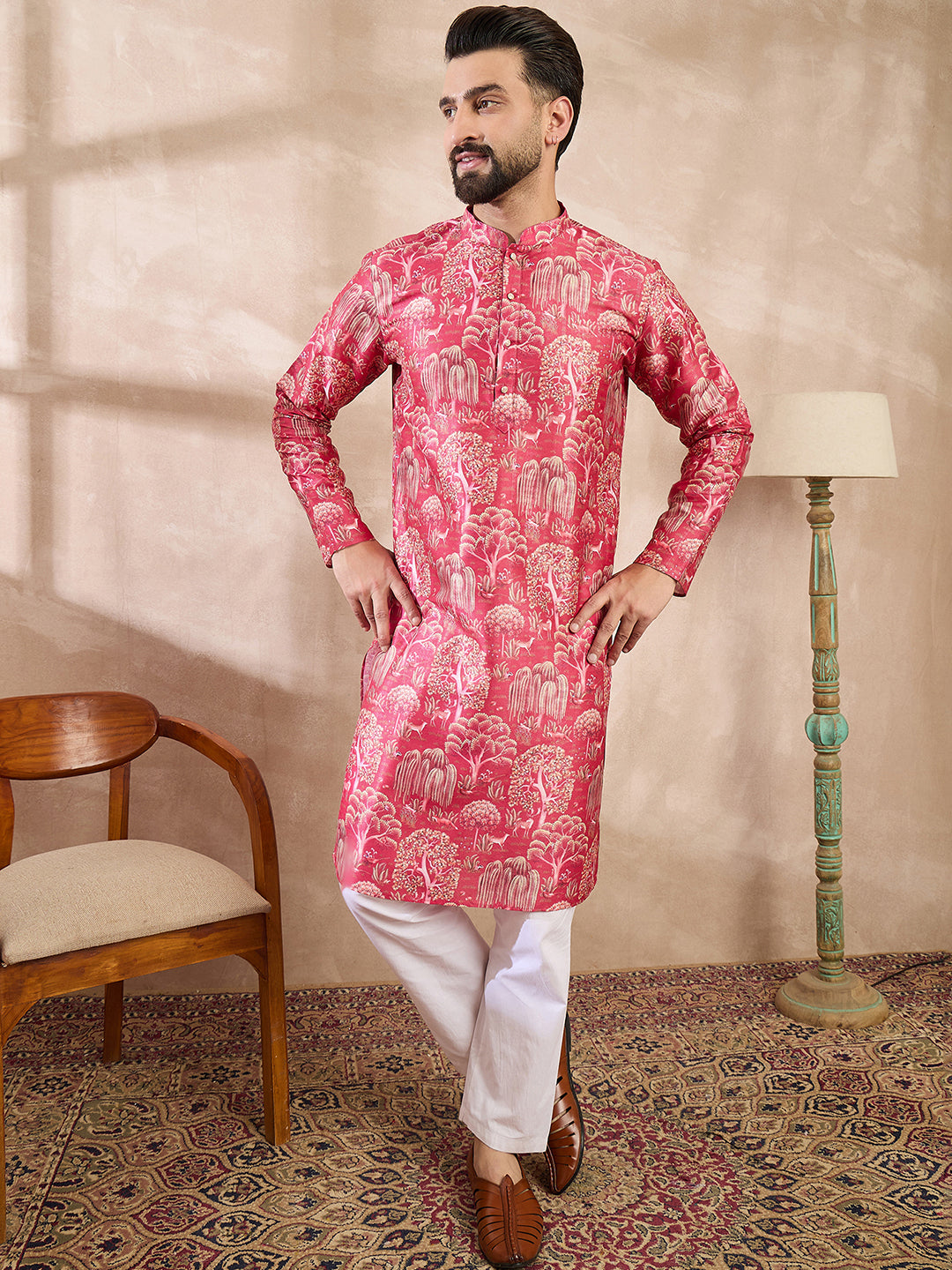 Ethnic Bay Men Pink Silk Blend Abstract Printed Straight Kurta