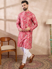 Ethnic Bay Men Pink Silk Blend Abstract Printed Straight Kurta-MKU1995