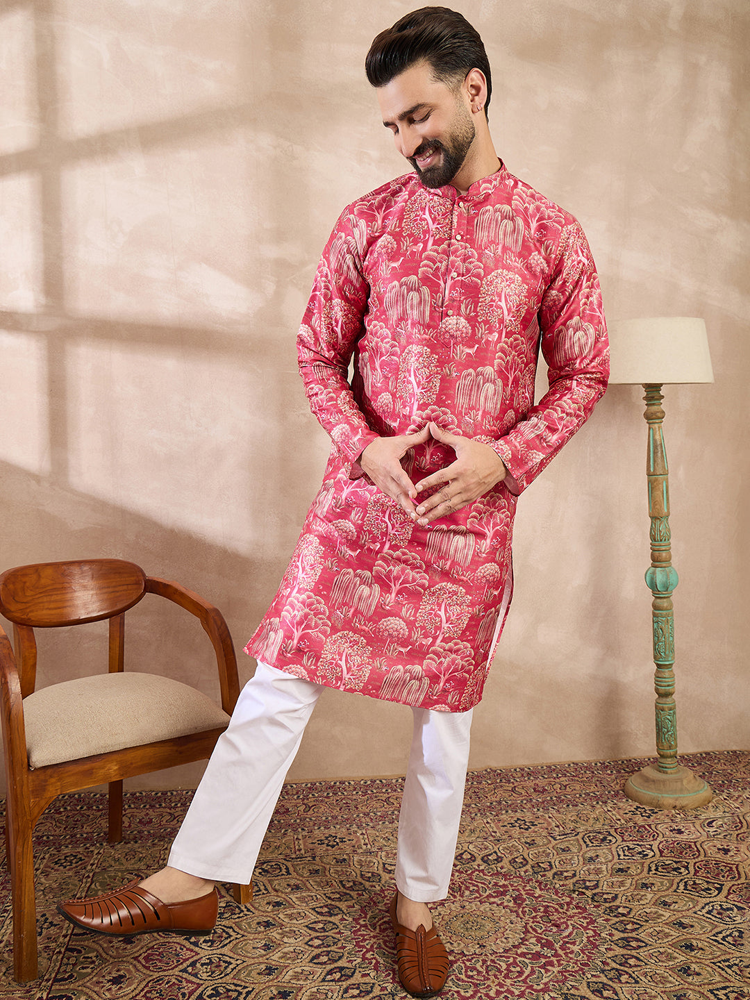 Ethnic Bay Men Pink Silk Blend Abstract Printed Straight Kurta