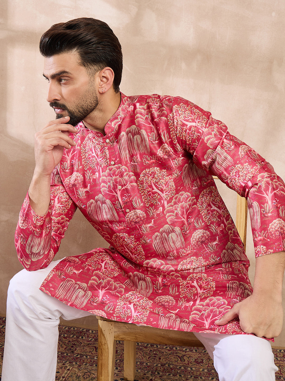 Ethnic Bay Men Pink Silk Blend Abstract Printed Straight Kurta