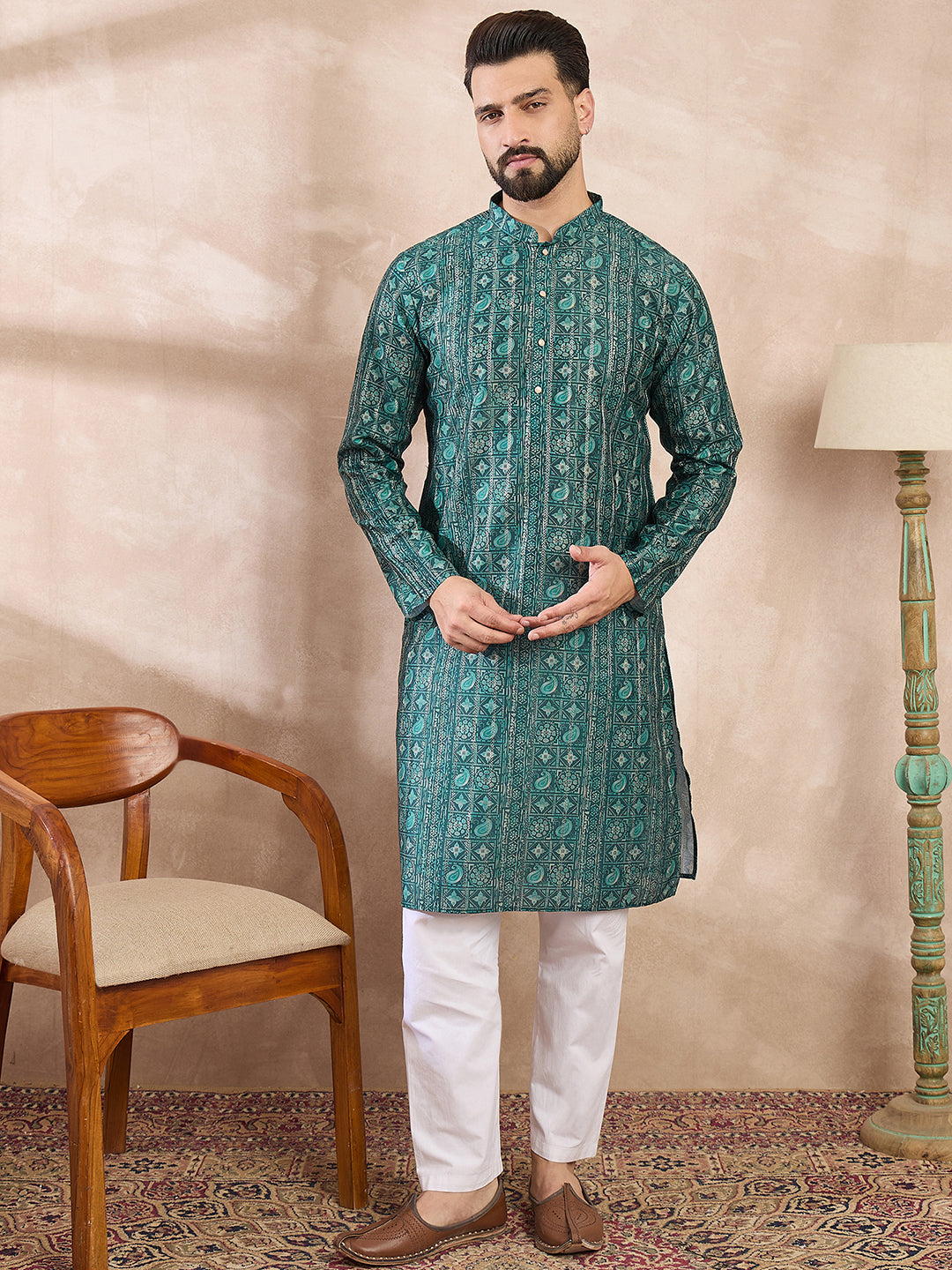 Ethnic Bay Men Green Silk Blend Ethnic Motifs Printed Straight Kurta
