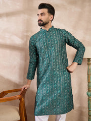 Ethnic Bay Men Green Silk Blend Ethnic Motifs Printed Straight Kurta-MKU1996