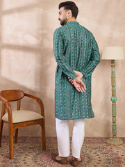 Ethnic Bay Men Green Silk Blend Ethnic Motifs Printed Straight Kurta-MKU1996