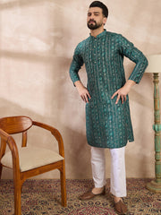Ethnic Bay Men Green Silk Blend Ethnic Motifs Printed Straight Kurta-MKU1996