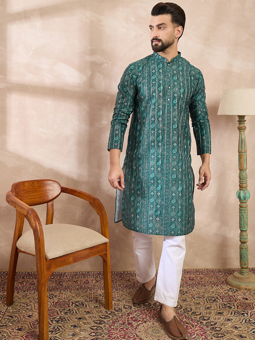 Ethnic Bay Men Green Silk Blend Ethnic Motifs Printed Straight Kurta