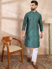 Ethnic Bay Men Green Silk Blend Ethnic Motifs Printed Straight Kurta-MKU1996
