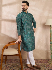 Ethnic Bay Men Green Silk Blend Ethnic Motifs Printed Straight Kurta-MKU1996