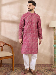Ethnic Bay Men Pink Silk Blend Ethnic Motifs Printed Straight Kurta-MKU1997