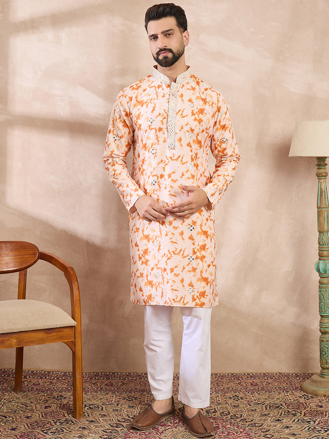 Ethnic Bay Men Orange Silk Blend Solid Embroidered Straight Kurta