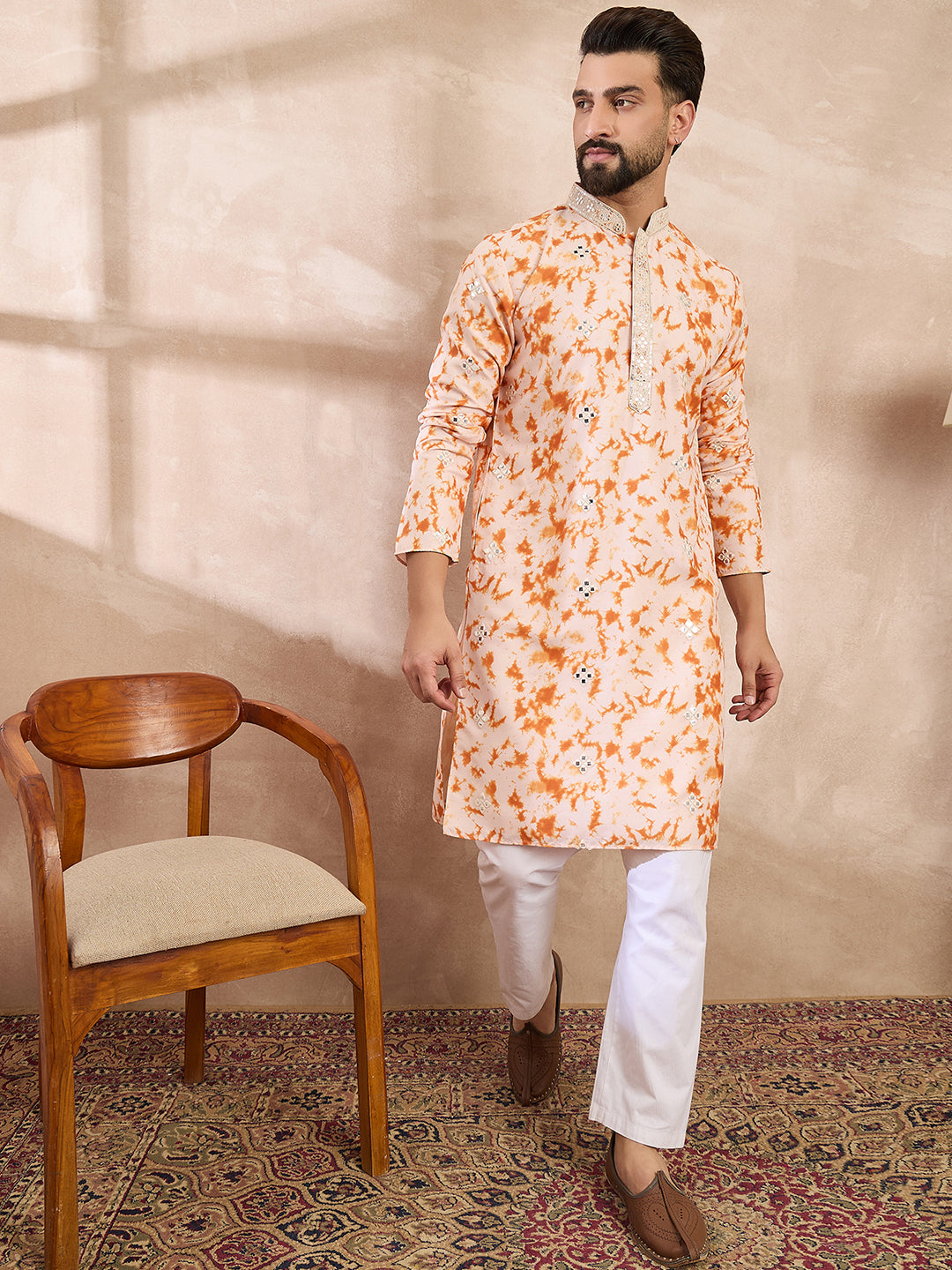 Ethnic Bay Men Orange Silk Blend Solid Embroidered Straight Kurta