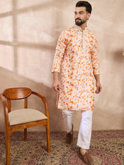 Ethnic Bay Men Orange Silk Blend Solid Embroidered Straight Kurta-MKU2002
