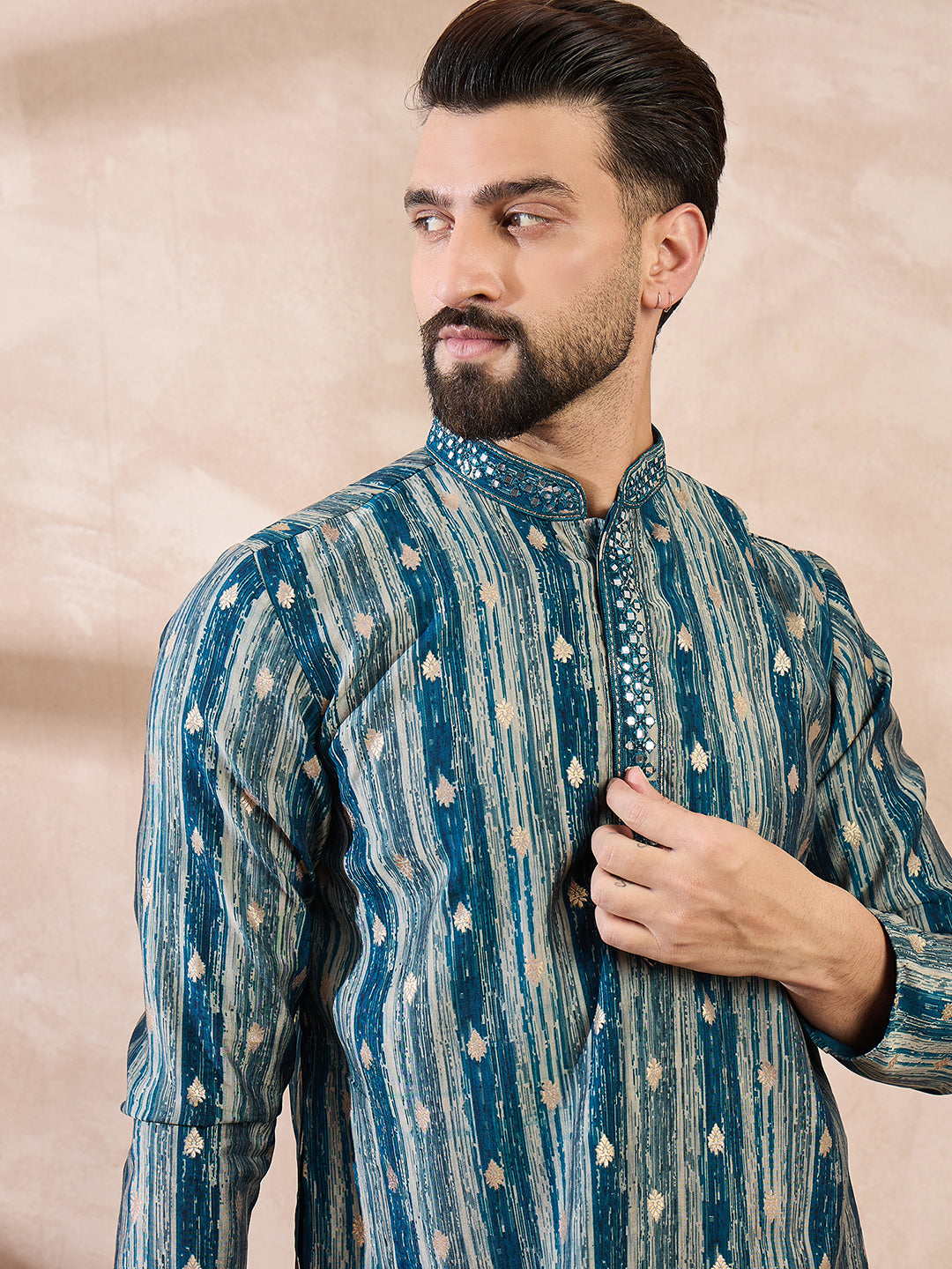Ethnic Bay Men Turquoise Blue Silk Blend Abstract Printed Straight Kurta