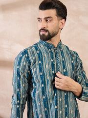 Ethnic Bay Men Turquoise Blue Silk Blend Abstract Printed Straight Kurta-MKU2005