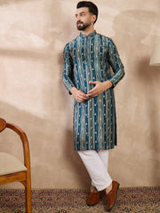 Ethnic Bay Men Turquoise Blue Silk Blend Abstract Printed Straight Kurta-MKU2005
