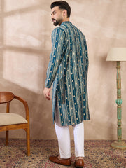 Ethnic Bay Men Turquoise Blue Silk Blend Abstract Printed Straight Kurta-MKU2005