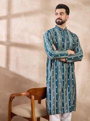 Ethnic Bay Men Turquoise Blue Silk Blend Abstract Printed Straight Kurta-MKU2005