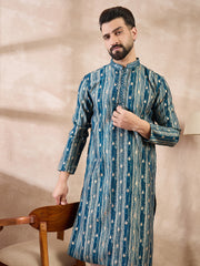 Ethnic Bay Men Turquoise Blue Silk Blend Abstract Printed Straight Kurta-MKU2005