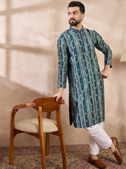 Ethnic Bay Men Turquoise Blue Silk Blend Abstract Printed Straight Kurta-MKU2005