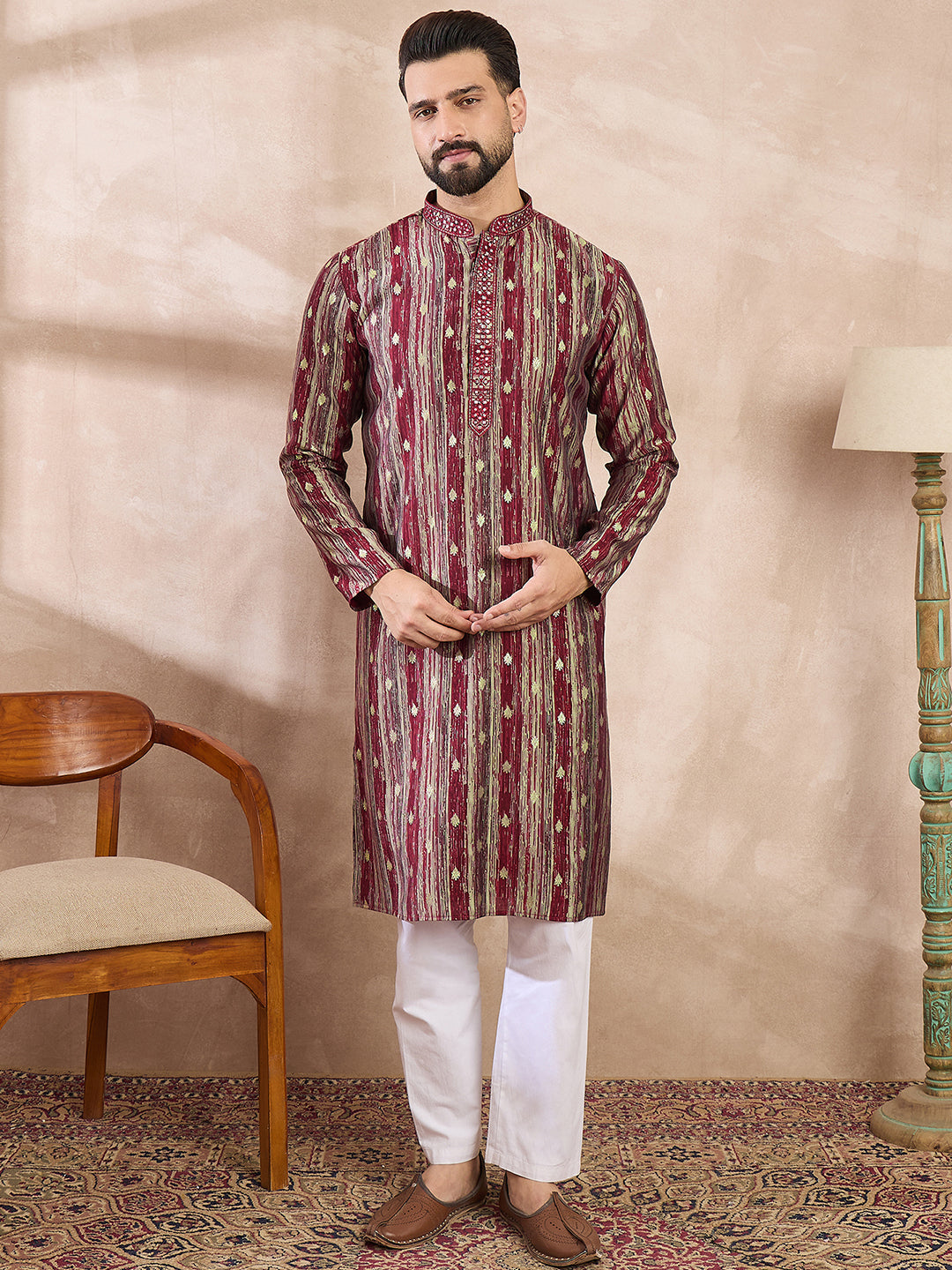 Ethnic Bay Men Maroon Silk Blend Abstract Printed Straight Kurta