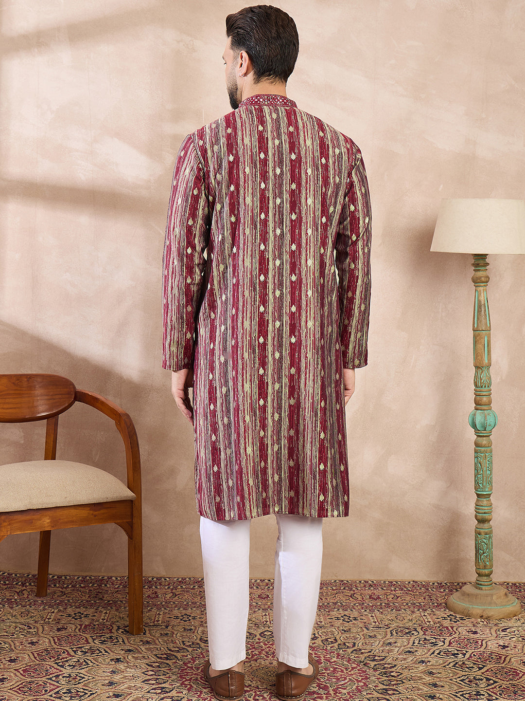 Ethnic Bay Men Maroon Silk Blend Abstract Printed Straight Kurta