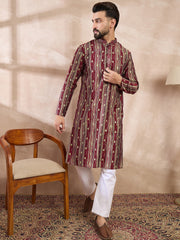 Ethnic Bay Men Maroon Silk Blend Abstract Printed Straight Kurta-MKU2006