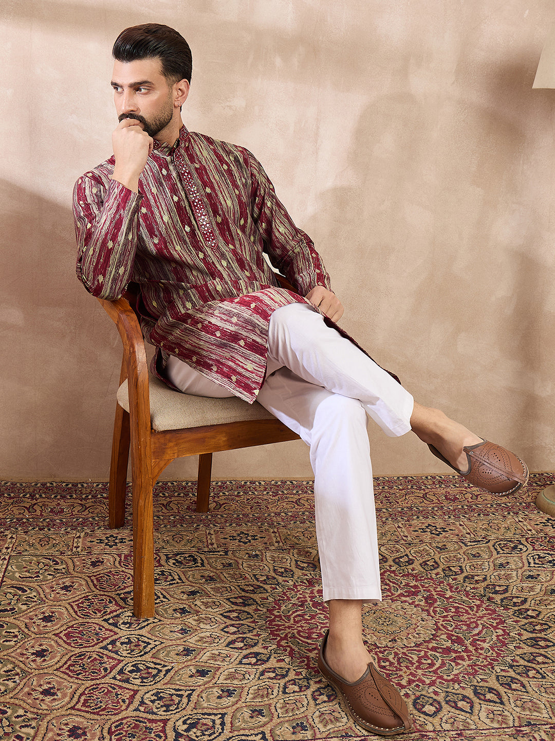 Ethnic Bay Men Maroon Silk Blend Abstract Printed Straight Kurta