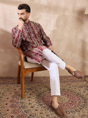 Ethnic Bay Men Maroon Silk Blend Abstract Printed Straight Kurta-MKU2006