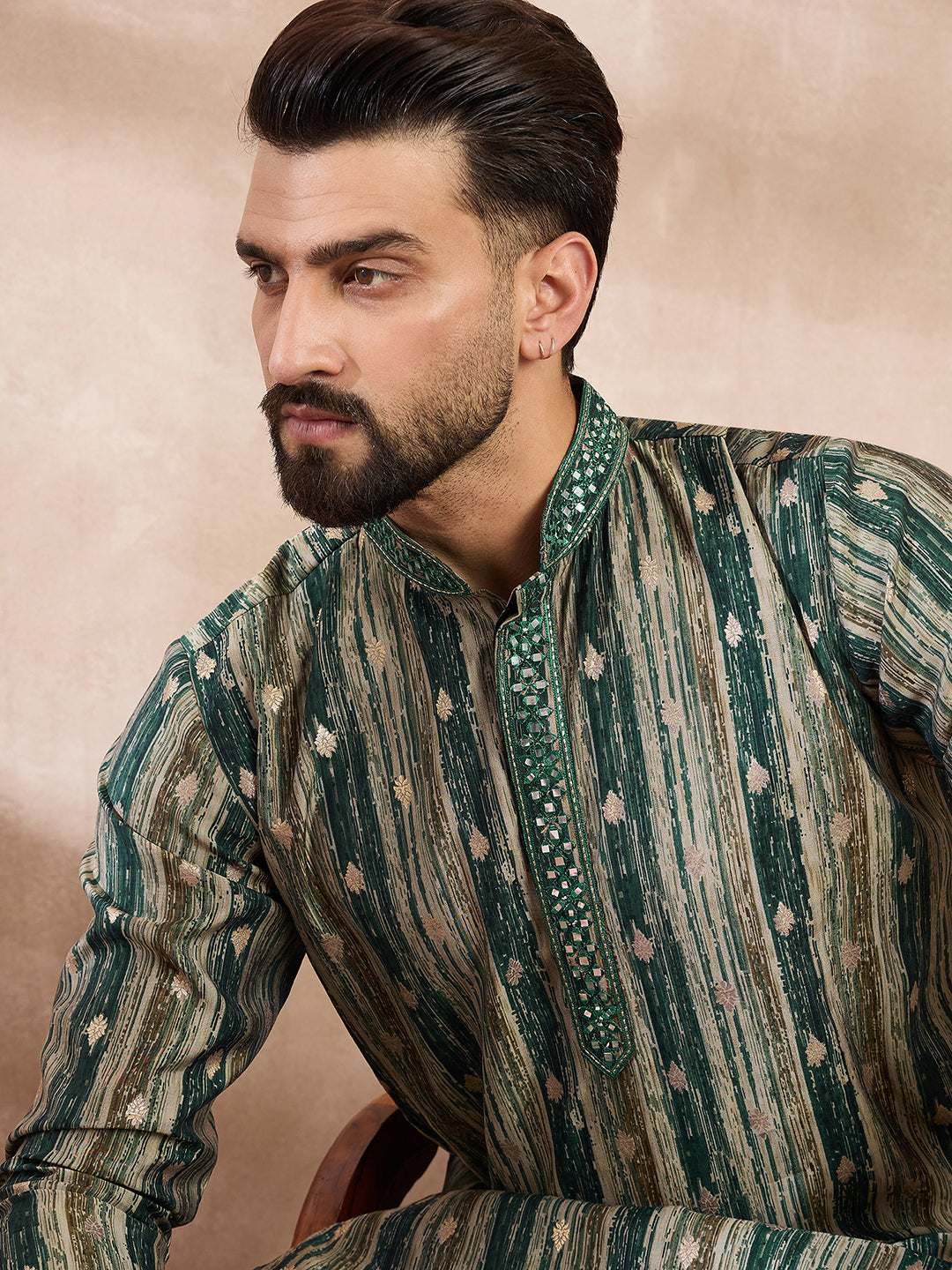 Ethnic Bay Men Green Silk Blend Abstract Printed Straight Kurta