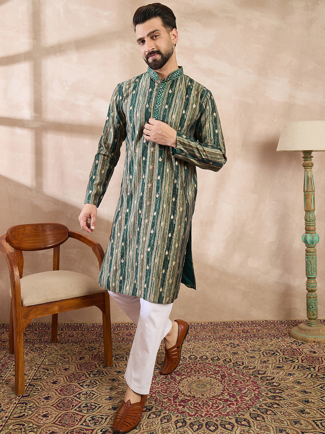 Ethnic Bay Men Green Silk Blend Abstract Printed Straight Kurta