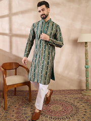 Ethnic Bay Men Green Silk Blend Abstract Printed Straight Kurta-MKU2007