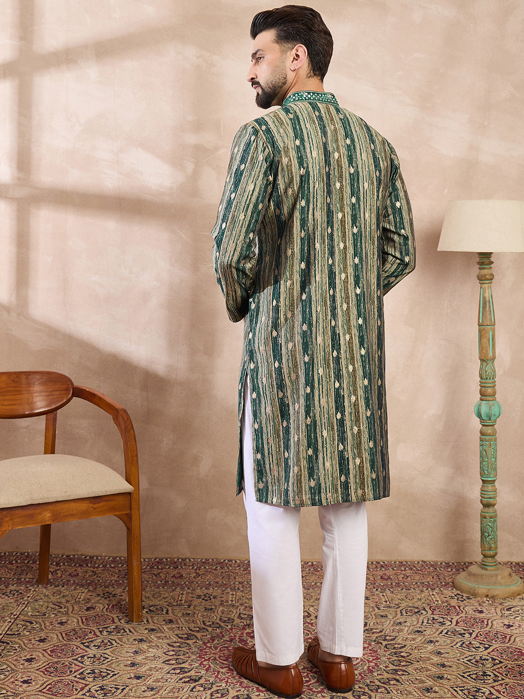 Ethnic Bay Men Green Silk Blend Abstract Printed Straight Kurta