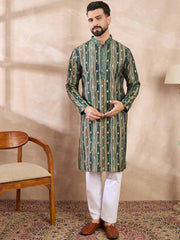 Ethnic Bay Men Green Silk Blend Abstract Printed Straight Kurta-MKU2007