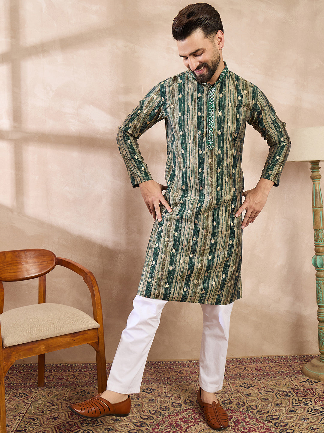 Ethnic Bay Men Green Silk Blend Abstract Printed Straight Kurta