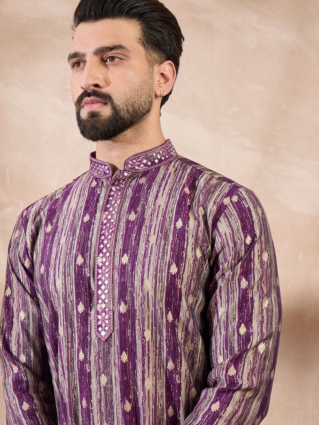 Ethnic Bay Men Purple Silk Blend Abstract Printed Straight Kurta