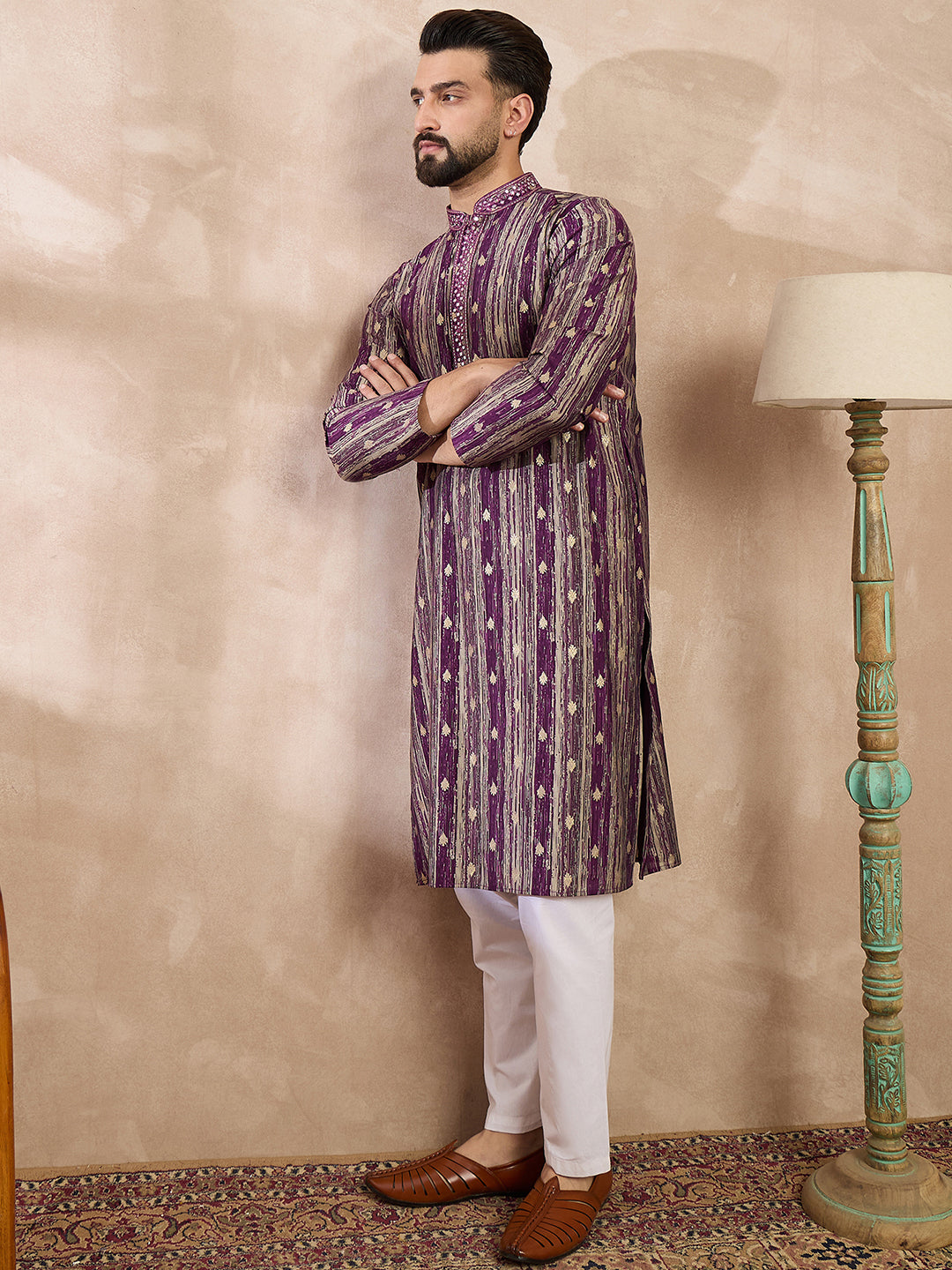 Ethnic Bay Men Purple Silk Blend Abstract Printed Straight Kurta