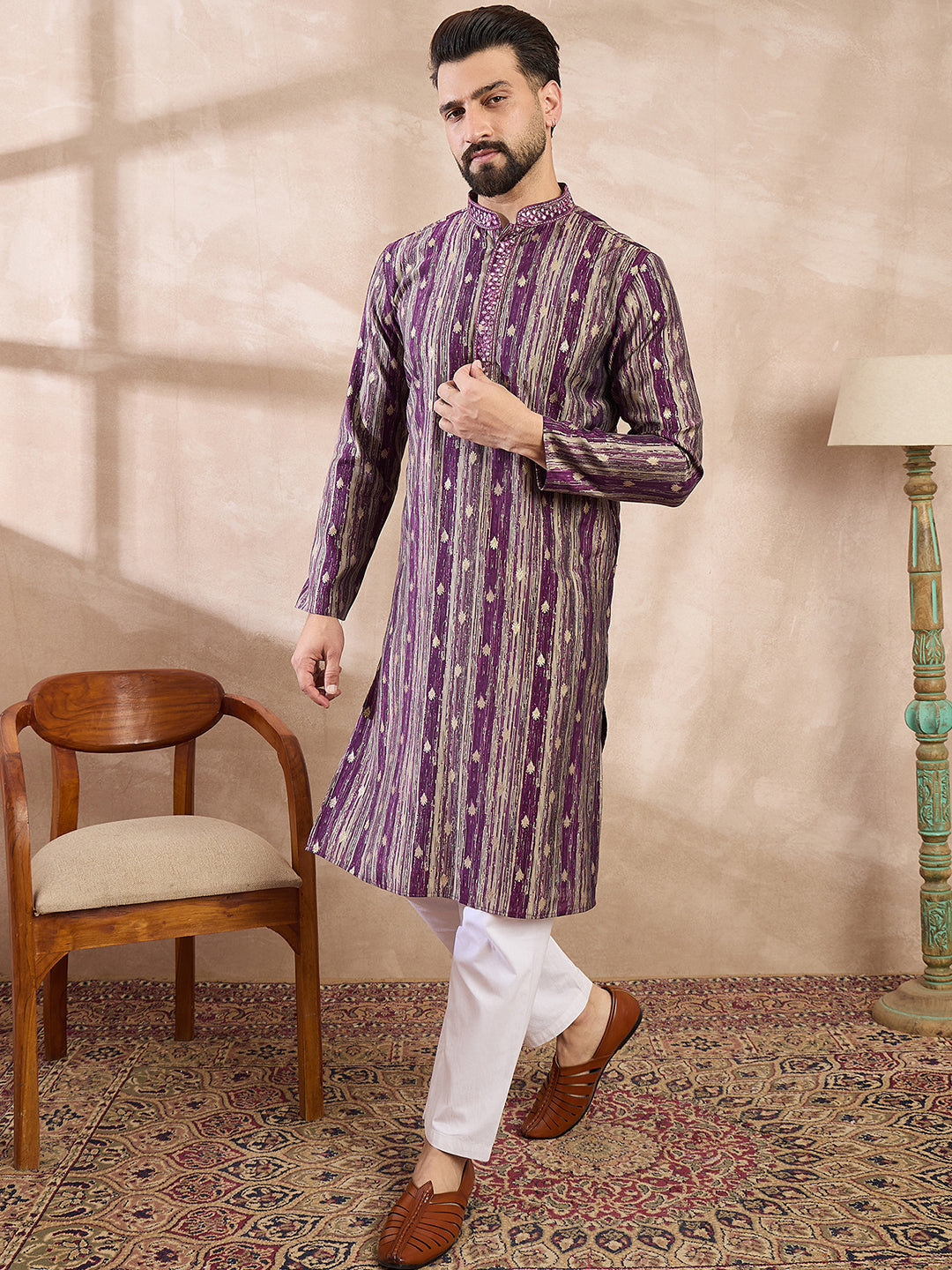 Ethnic Bay Men Purple Silk Blend Abstract Printed Straight Kurta