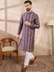 Ethnic Bay Men Purple Silk Blend Abstract Printed Straight Kurta-MKU2008