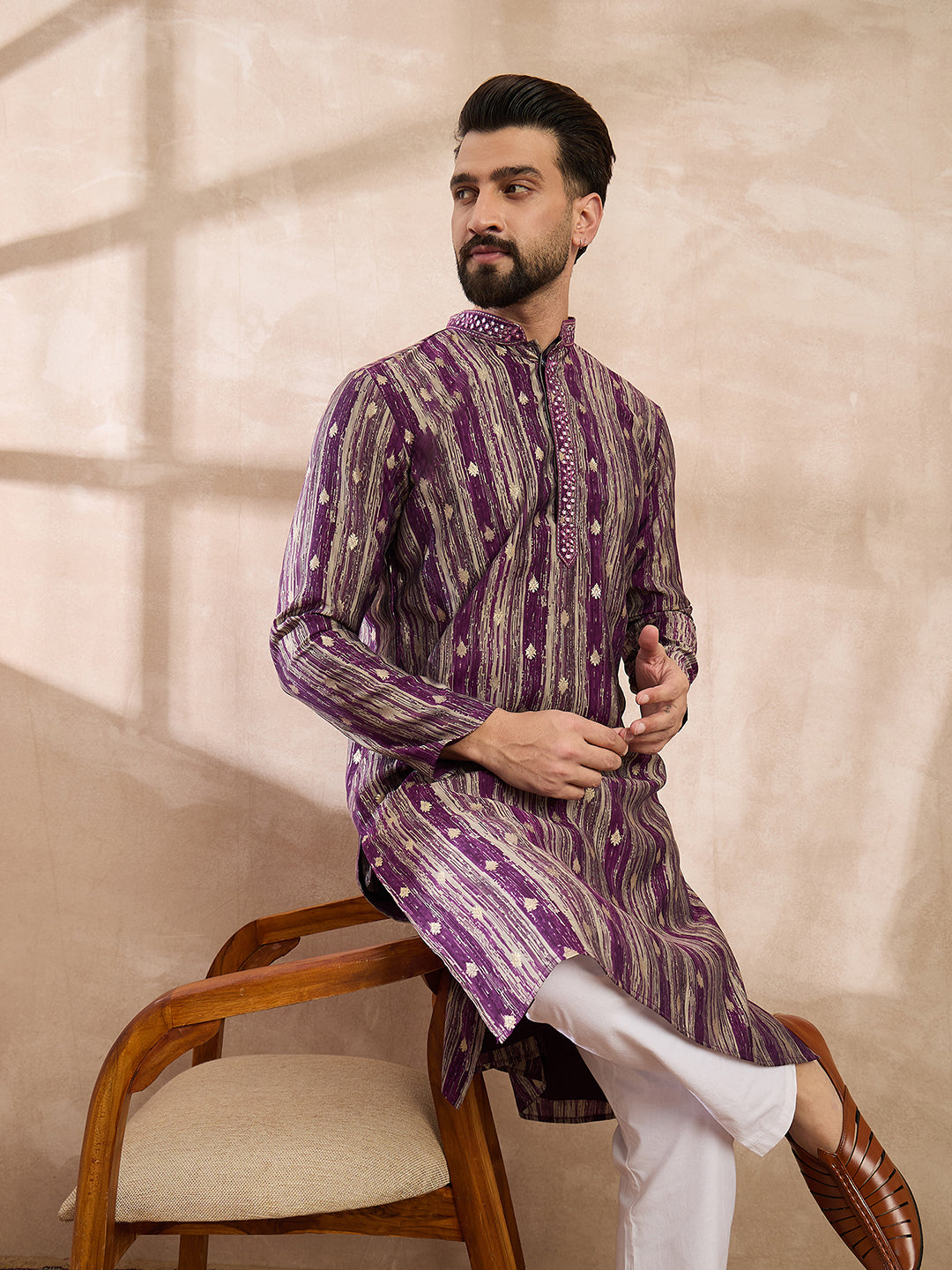 Ethnic Bay Men Purple Silk Blend Abstract Printed Straight Kurta