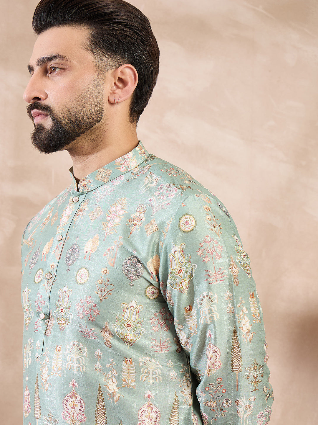 Ethnic Bay Men Green Silk Blend Floral Printed Straight Kurta-MKU2011