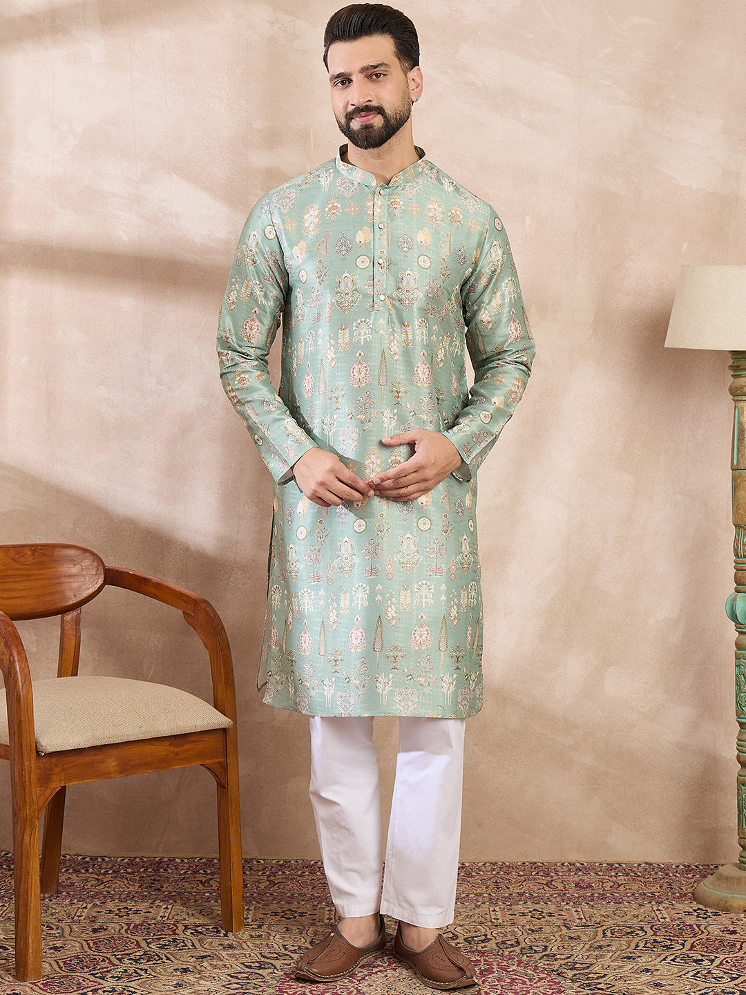 Ethnic Bay Men Green Silk Blend Floral Printed Straight Kurta