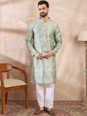 Ethnic Bay Men Green Silk Blend Floral Printed Straight Kurta-MKU2011