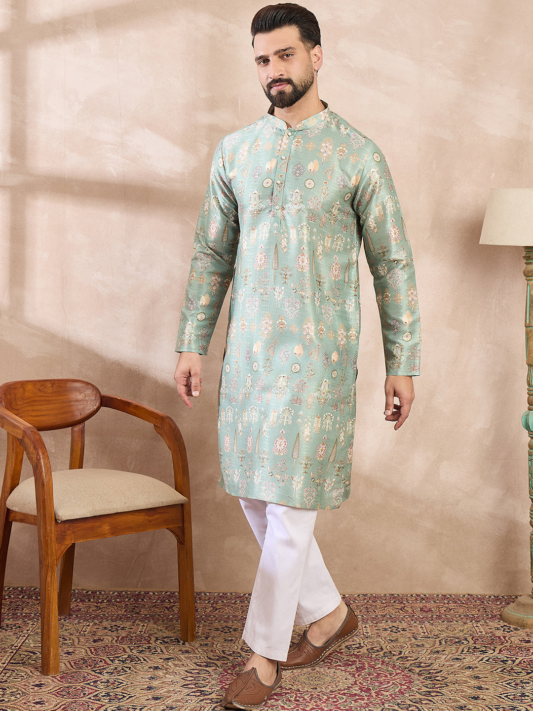 Ethnic Bay Men Green Silk Blend Floral Printed Straight Kurta