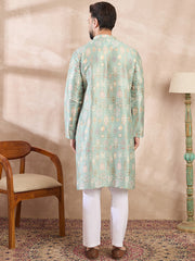 Ethnic Bay Men Green Silk Blend Floral Printed Straight Kurta-MKU2011